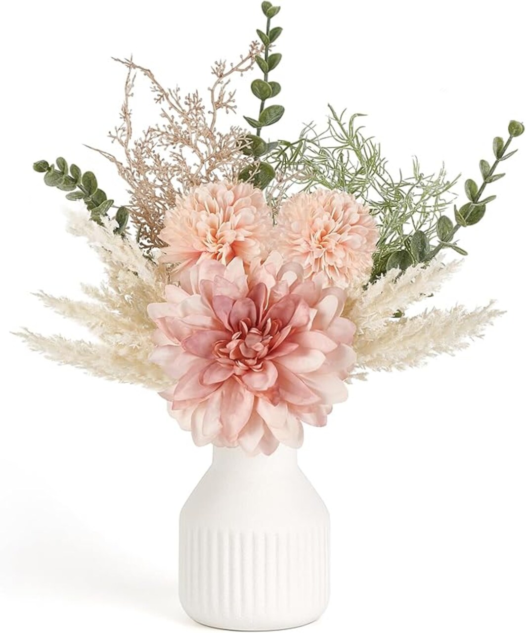 Small Artificial Flowers in Ceramic Vase 12.5" Centerpieces Coffee Table Decor, Silk Flower Arrangements for Home Decor Indoor Fake Flower Bouquet for Bathroom Dining Room Kitchen Wedding Pink